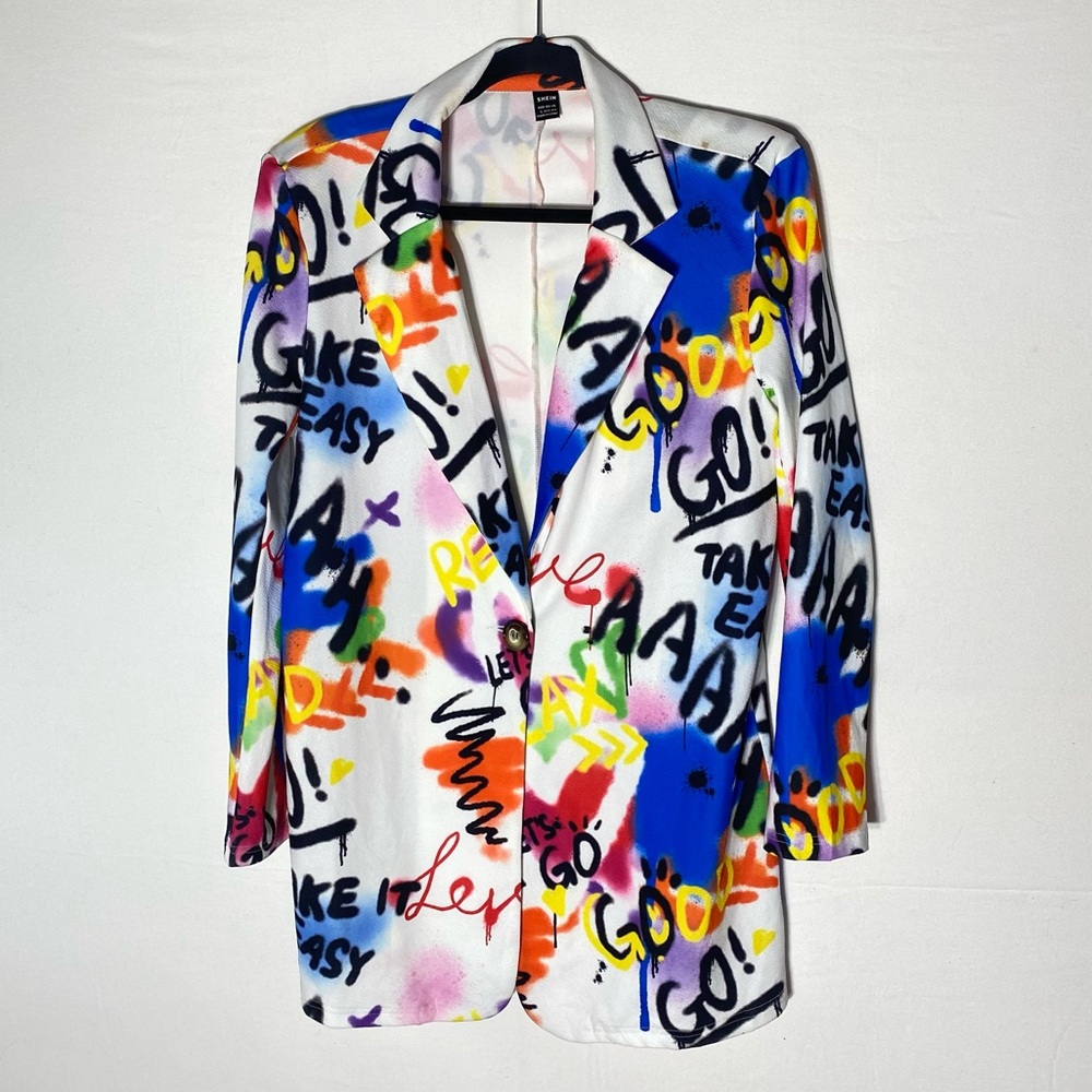 5/$25 SHEIN Colourful Graffiti Print On White One Button Blazer L